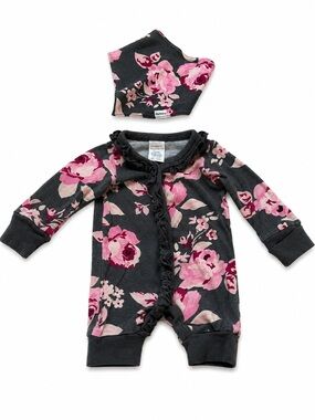 Gerber Black Floral Ruffle-Trim Baby One-Piece with Matching Bib